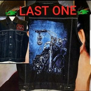 Lowbrow Triumph Motorcycle Tattoo Art Sacred Ride on Black Denim Vest Bat Patch